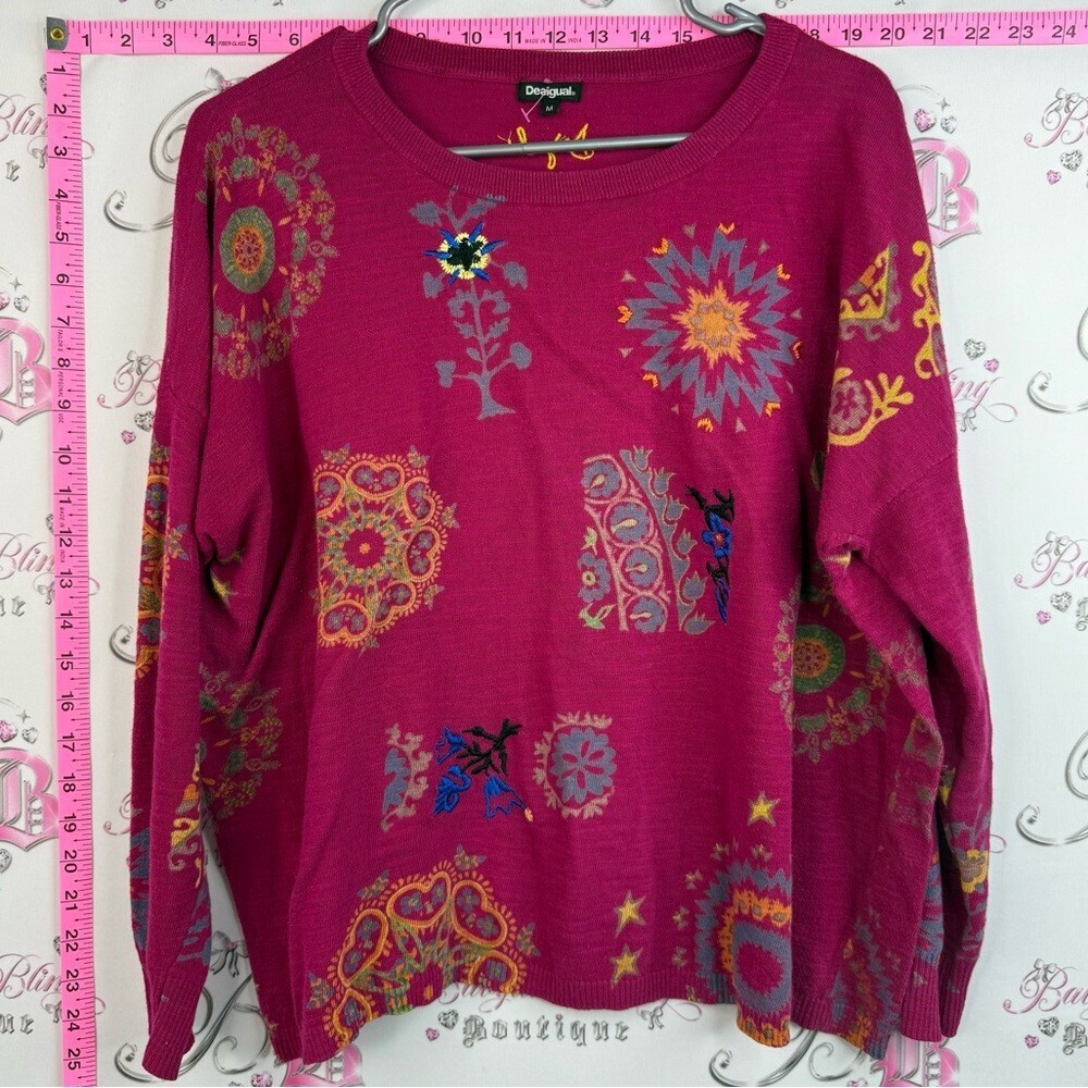 Desigual sweater embroidered flowers floral Magenta Printed Long Sleeve Top